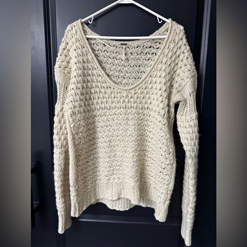 Free People Crashing Waves Pullover Chunky Knit Boho Sweater Ivory Wool Blend